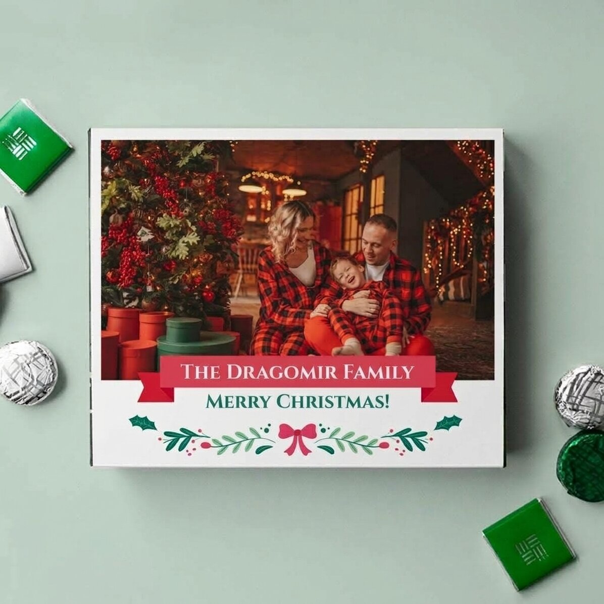 Caja de bombones personalizada con una foto y un texto: ¡Feliz Navidad!
