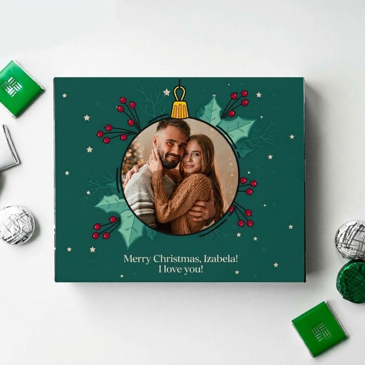 Caja de bombones personalizada con una foto y un texto - Navidad