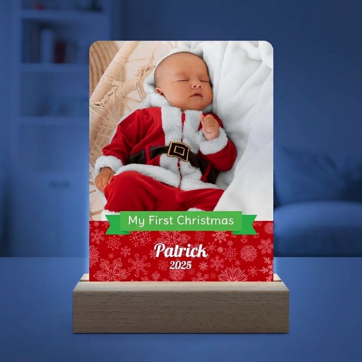 Lámpara LED de noche personalizada con una foto y un texto: «Mi primera Navidad»