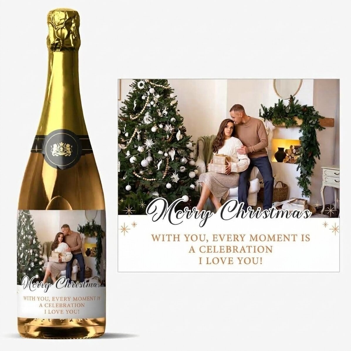 Vino espumoso personalizado con un texto y una foto - Feliz Navidad