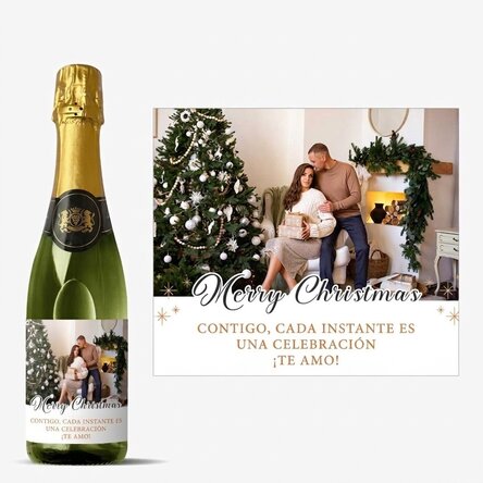 Botella mediana de vino espumoso personalizada con un texto y una foto: «Merry Christmas»
