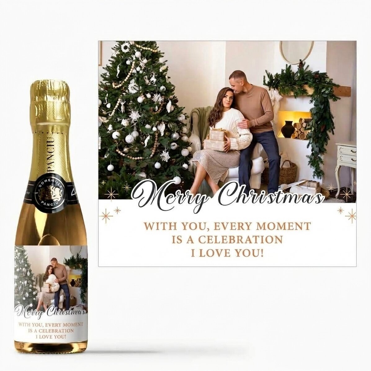 Mini botella de vino espumoso personalizada con un texto y una foto - Merry Christmas