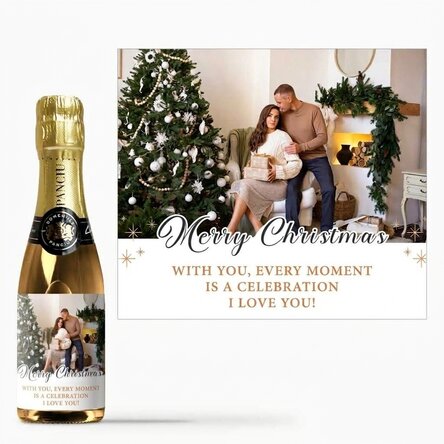 Mini botella de vino espumoso personalizada con un texto y una foto - Merry Christmas
