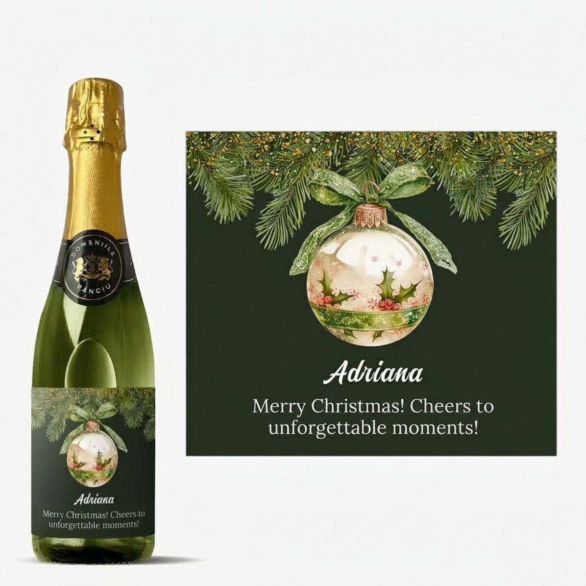 Botella mediana de vino espumoso personalizada con texto - Bola de Navidad