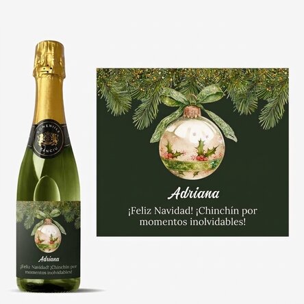 Botella mediana de vino espumoso personalizada con texto - Bola de Navidad