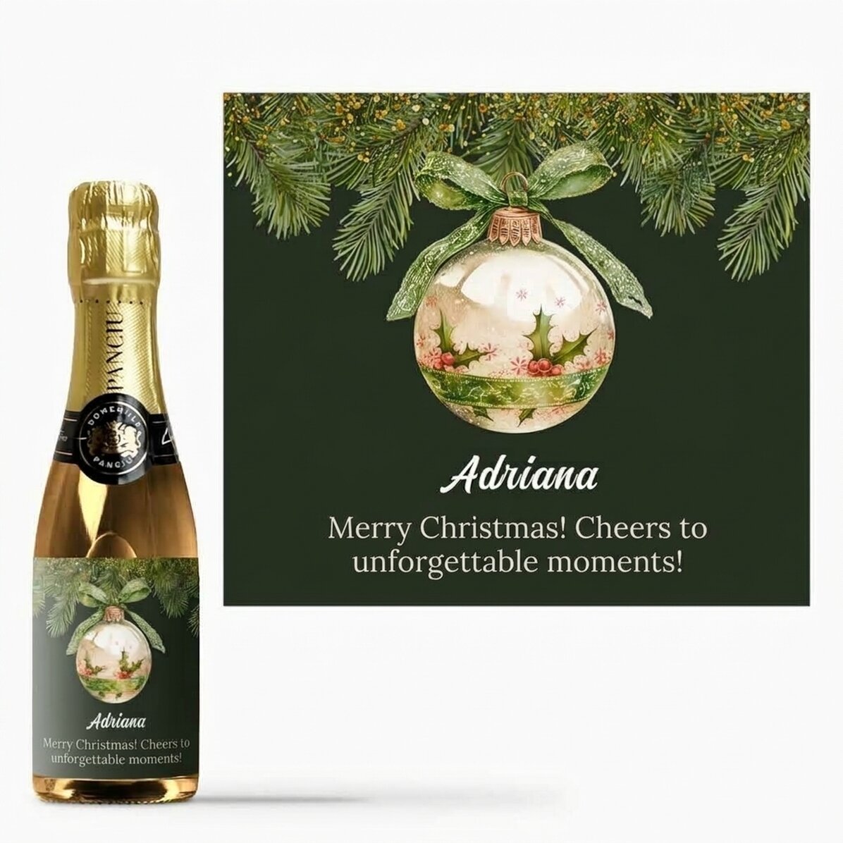 Mini botella de vino espumoso personalizada con texto - Bola de Navidad