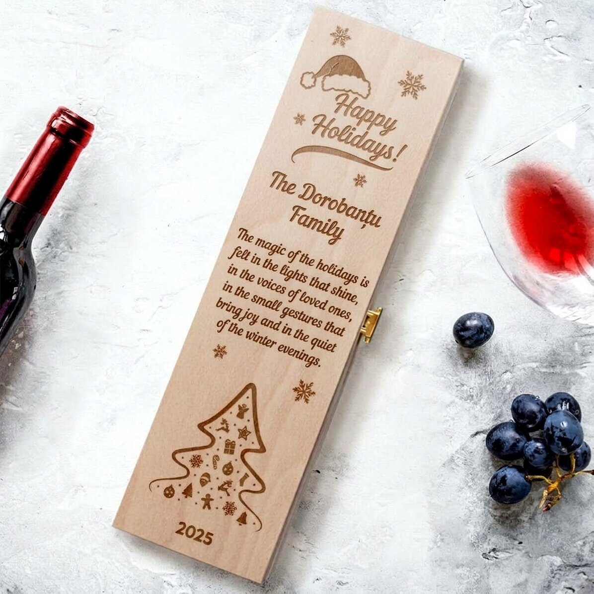 Caja de vino personalizada con texto: ¡Felices fiestas!
