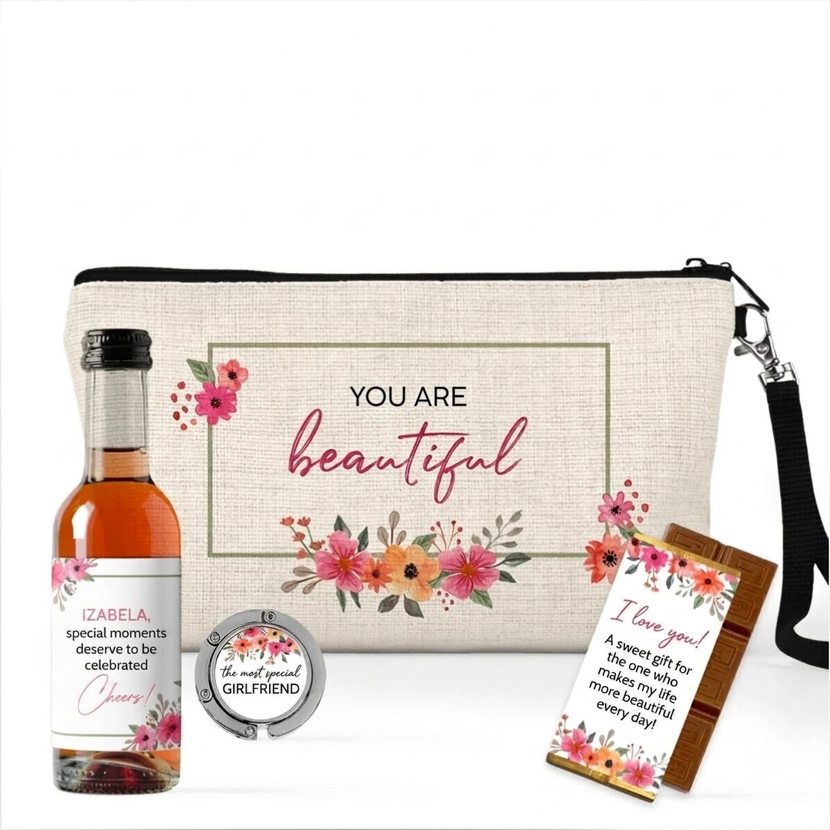 Lote de regalo con una mini botella de vino personalizada para ella