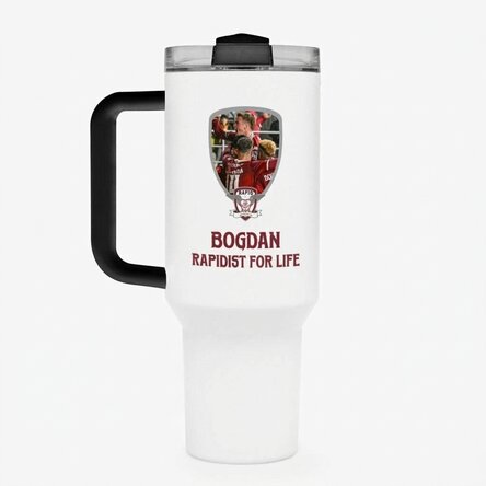 Taza termo del FC Rapid con asa y pajita, personalizada con foto y texto