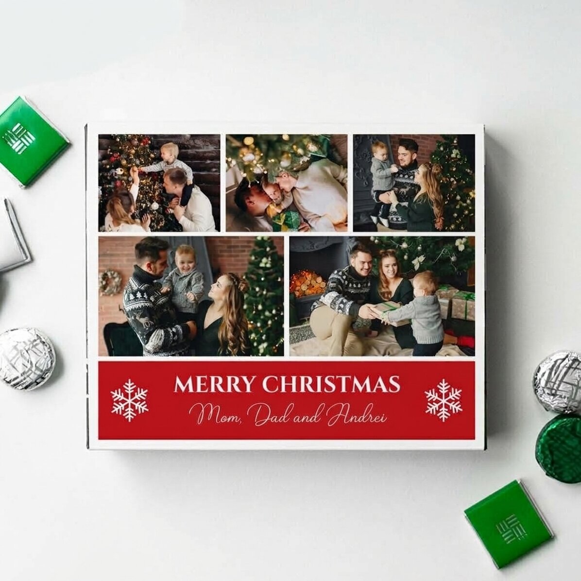 Caja de bombones personalizada con 5 fotos y un texto: «¡Feliz Navidad!»