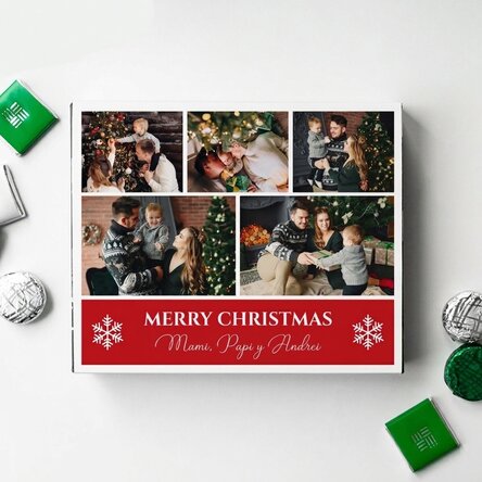 Caja de bombones personalizada con 5 fotos y un texto: «¡Feliz Navidad!»