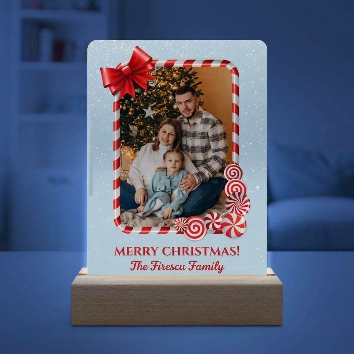 Lámpara LED de noche personalizada con una foto y un mensaje: ¡Feliz Navidad!