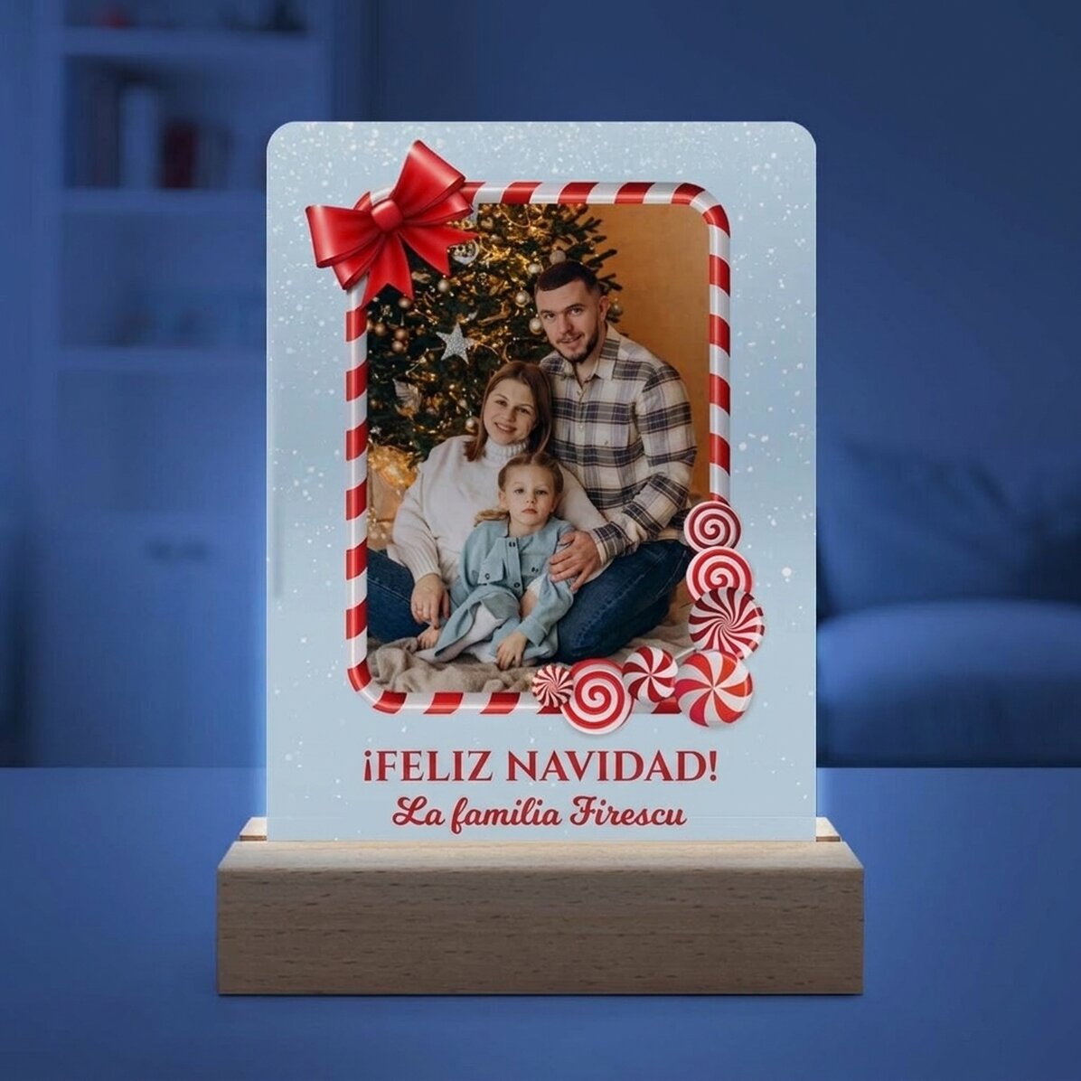 Lámpara LED de noche personalizada con una foto y un mensaje: ¡Feliz Navidad!