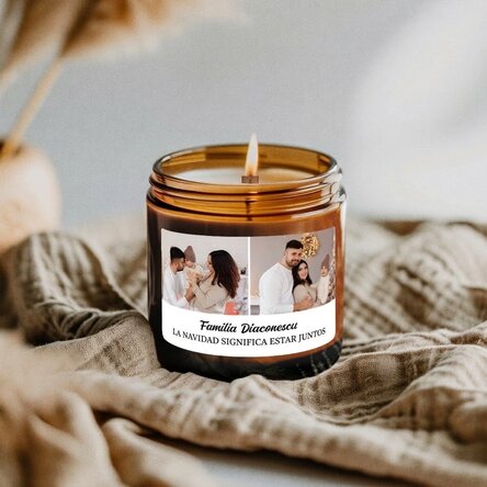 Vela pequeña perfumada personalizada con 2 fotos y un texto