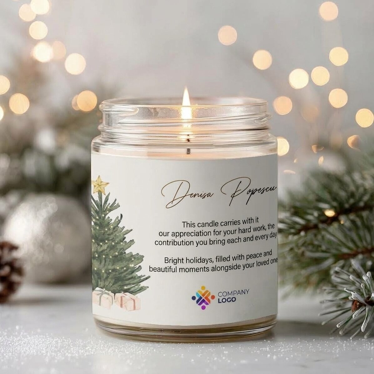 Vela grande perfumada personalizada con logotipo y mensaje - Navidad