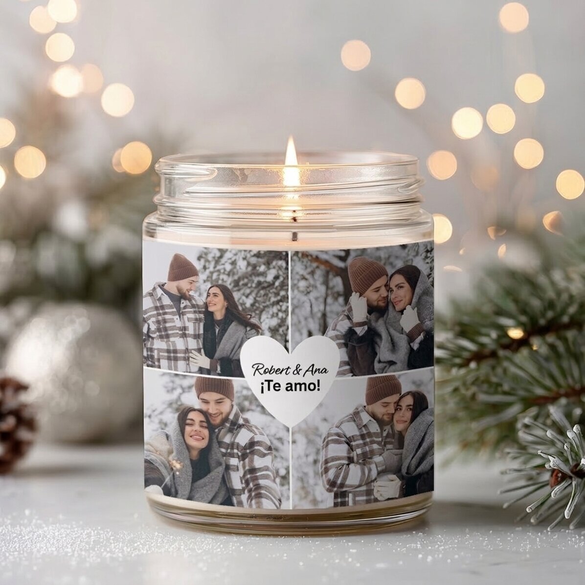 Vela grande perfumada personalizada con 4 fotos y un texto - Love