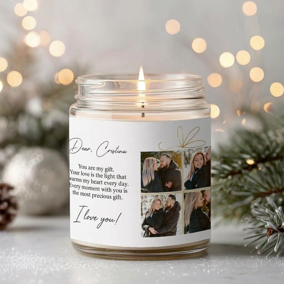 Vela grande perfumada personalizada con 4 fotos y un texto - Regalo de Navidad