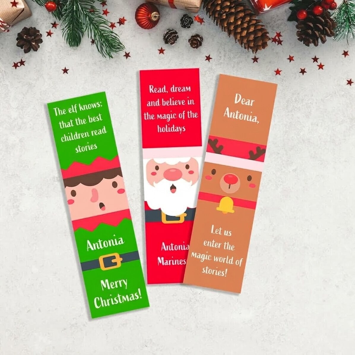 Lote de 3 marcapáginas personalizados con texto - Personajes navideños