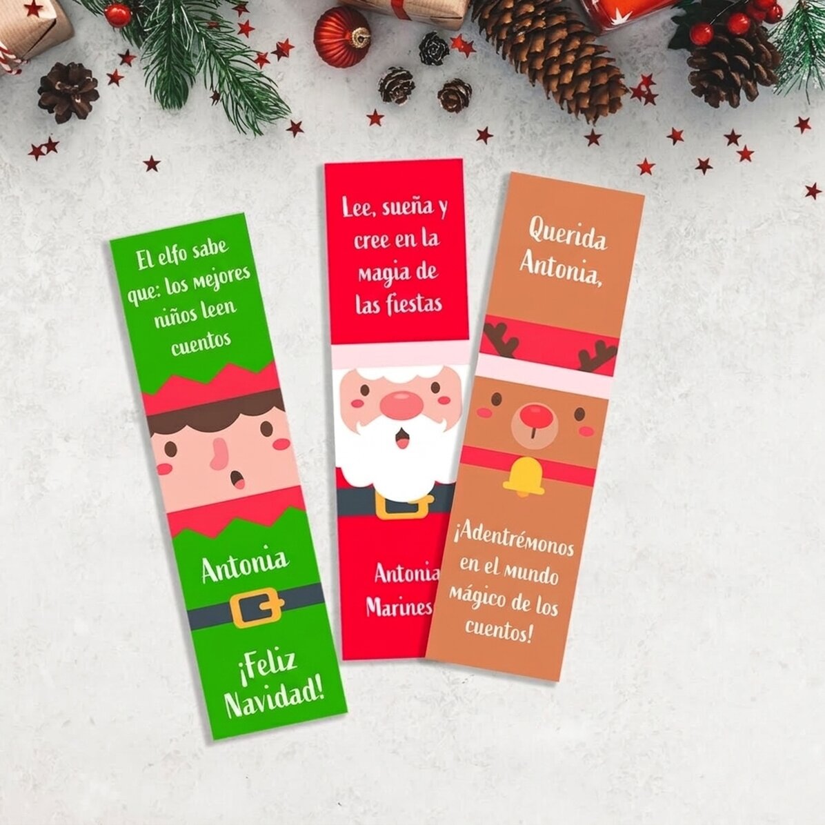 Lote de 3 marcapáginas personalizados con texto - Personajes navideños