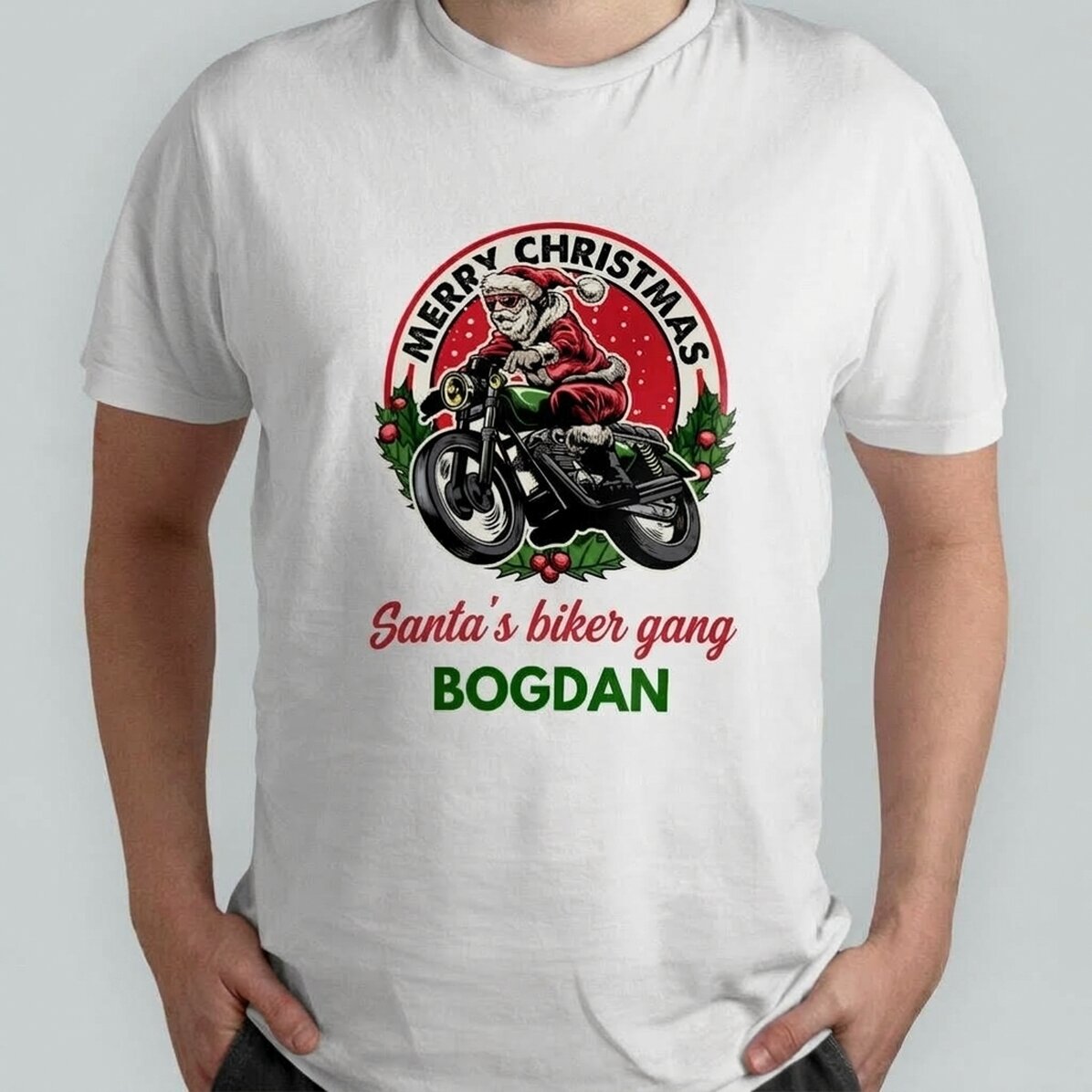 Camiseta de algodón personalizada con texto: «Papá Noel motero»