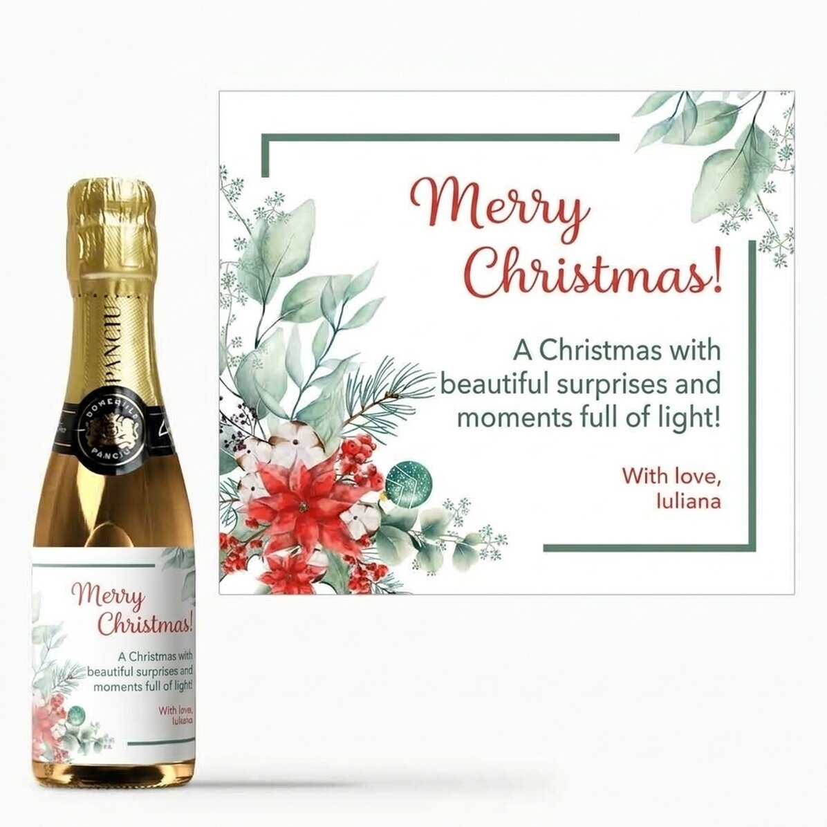 Mini botella de vino espumoso personalizada con texto - Navidad