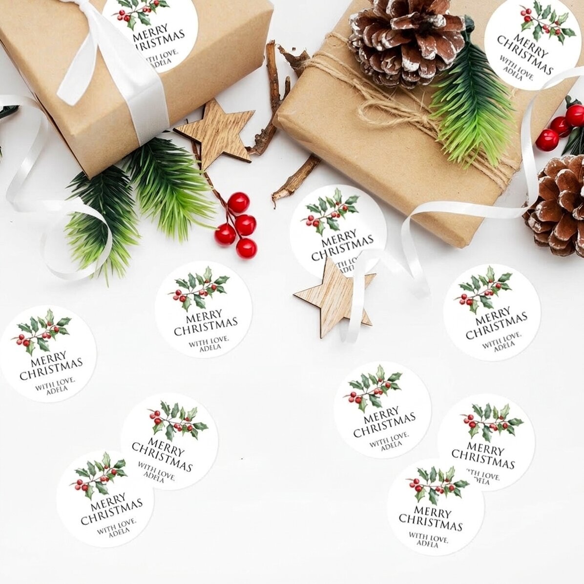 Set of 12 round stickers (self-adhesive labels), diameter 5 cm, customised with message - Christmas