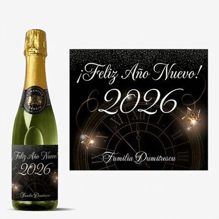 Botella mediana de vino espumoso personalizada con texto: «Año Nuevo»