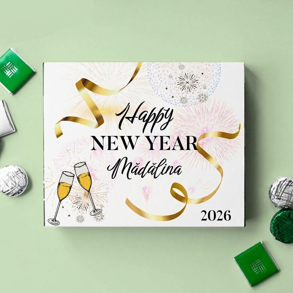 Caja de bombones personalizada con el texto «Feliz Año Nuevo»