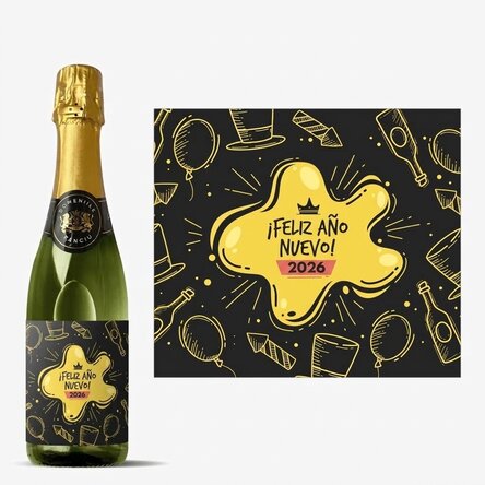 Botella mediana de vino espumoso personalizada con texto: «Fiesta de Año Nuevo»