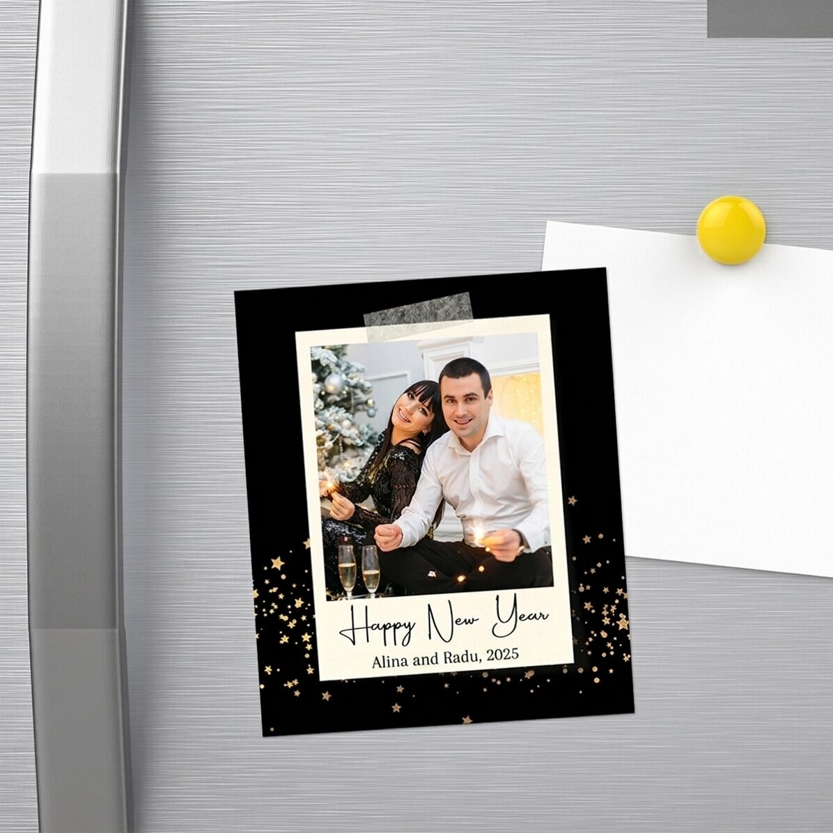 Iman de 10 x 12 cm personalizado con una foto y un mensaje: «Feliz Año Nuevo»