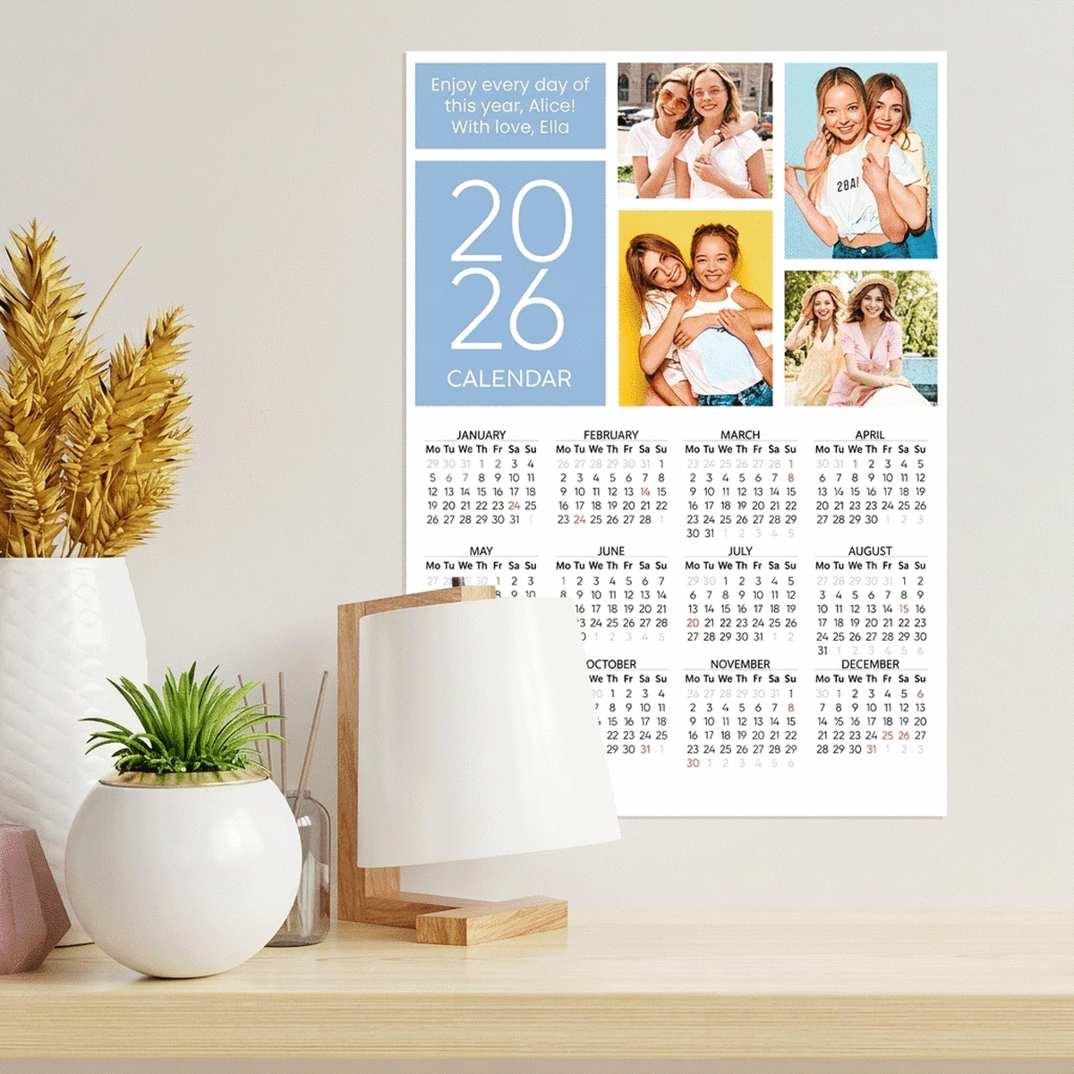 Póster calendario personalizado con 4 fotos y un mensaje