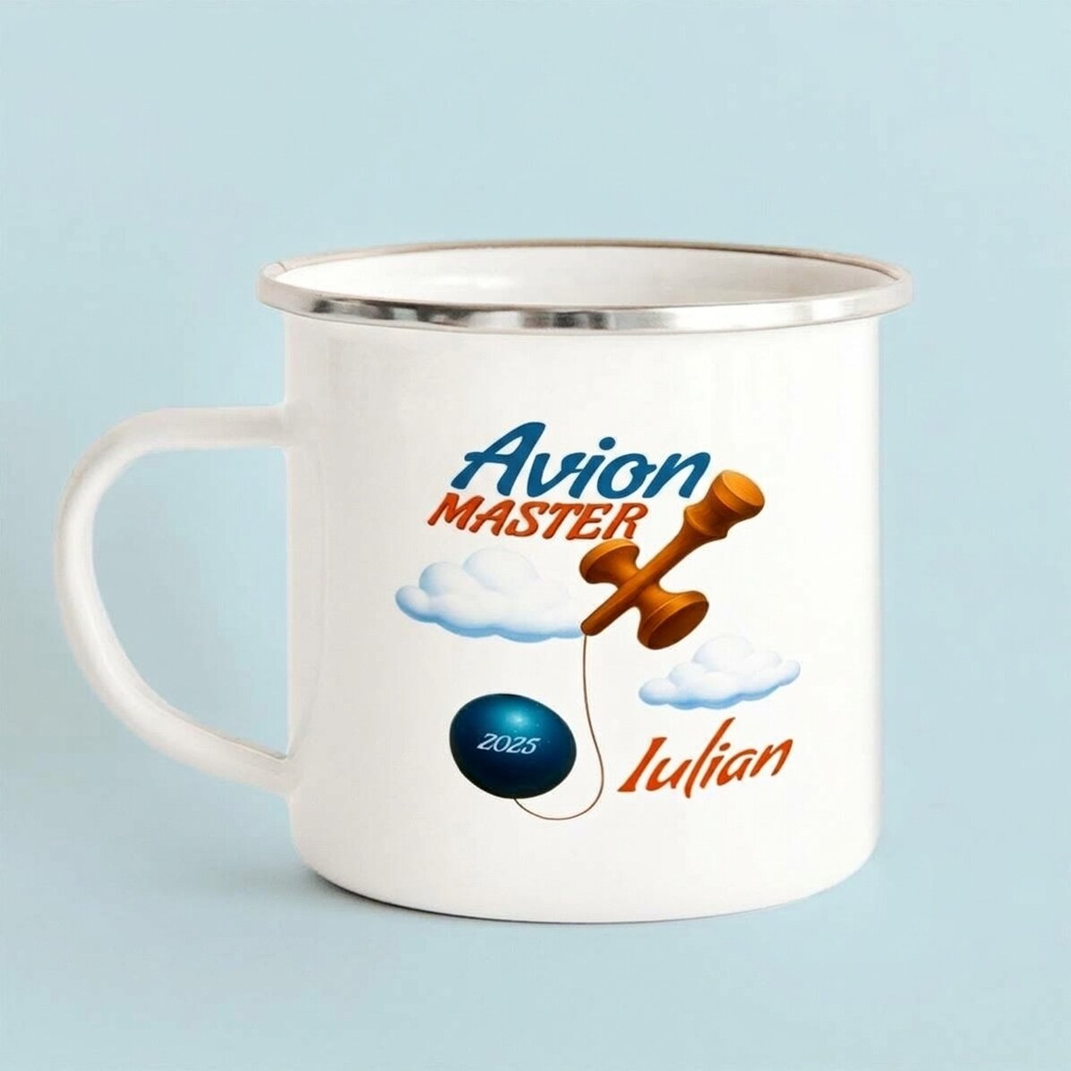 Taza metálica esmaltada con nombre para niños - Airplane Master