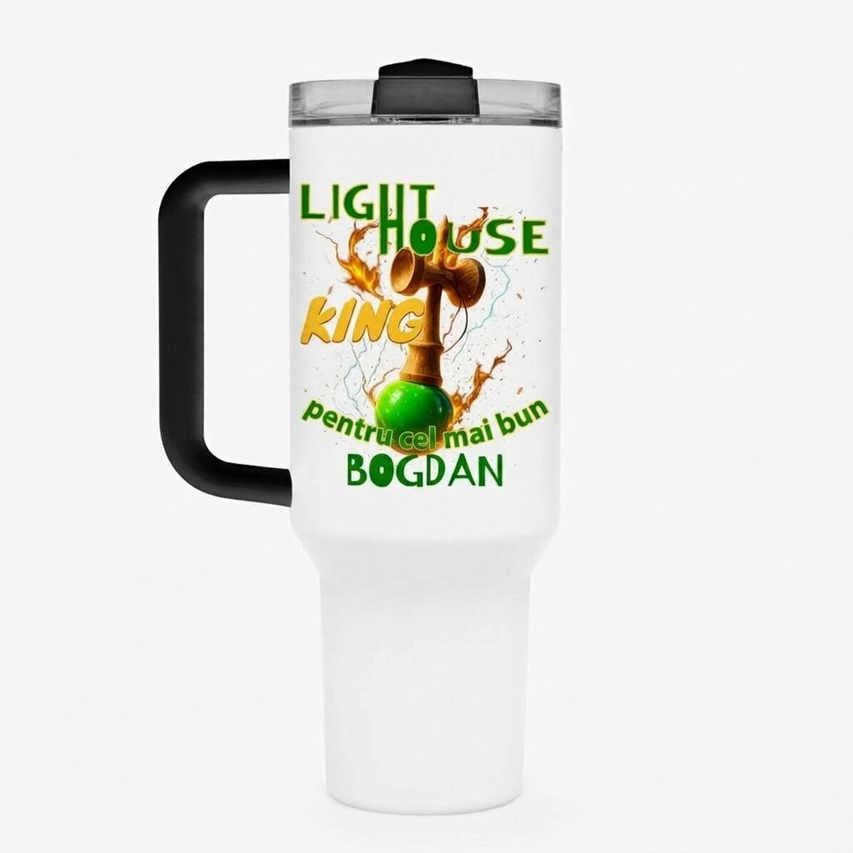 Taza térmica con asa y pajita personalizada con nombre - Lighthouse King