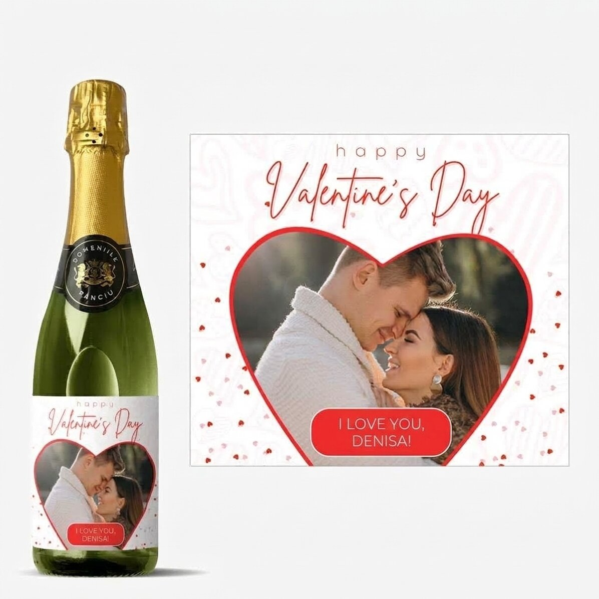 Botella mediana de vino espumoso personalizada con una foto y un texto - Corazón