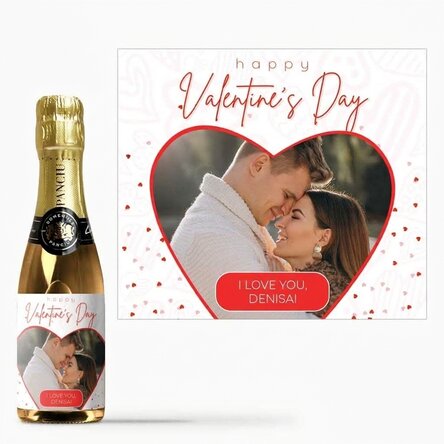 Mini botella de vino espumoso personalizada con una foto y un texto - Corazón