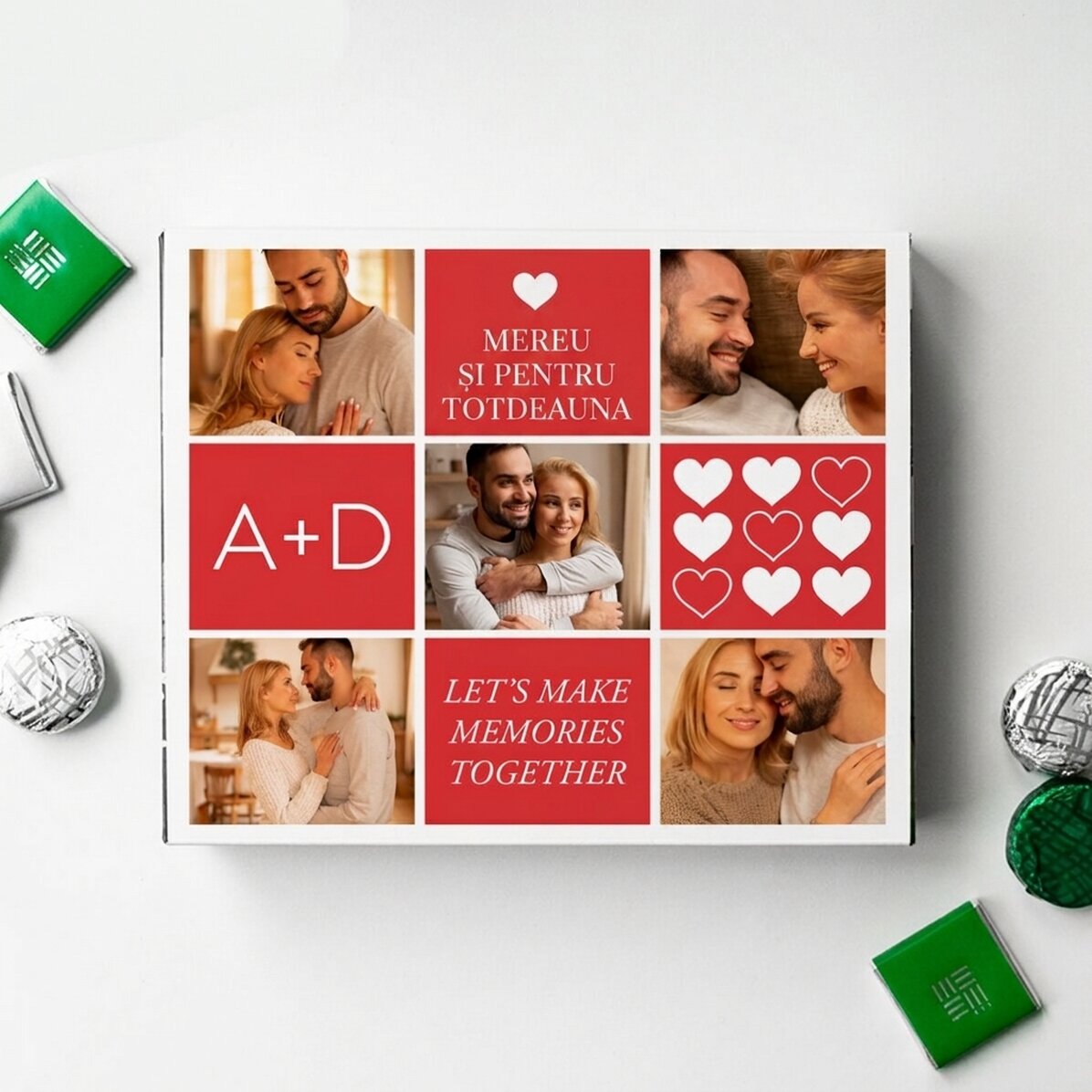 Caja de bombones personalizada con 5 fotos y un mensaje - Love