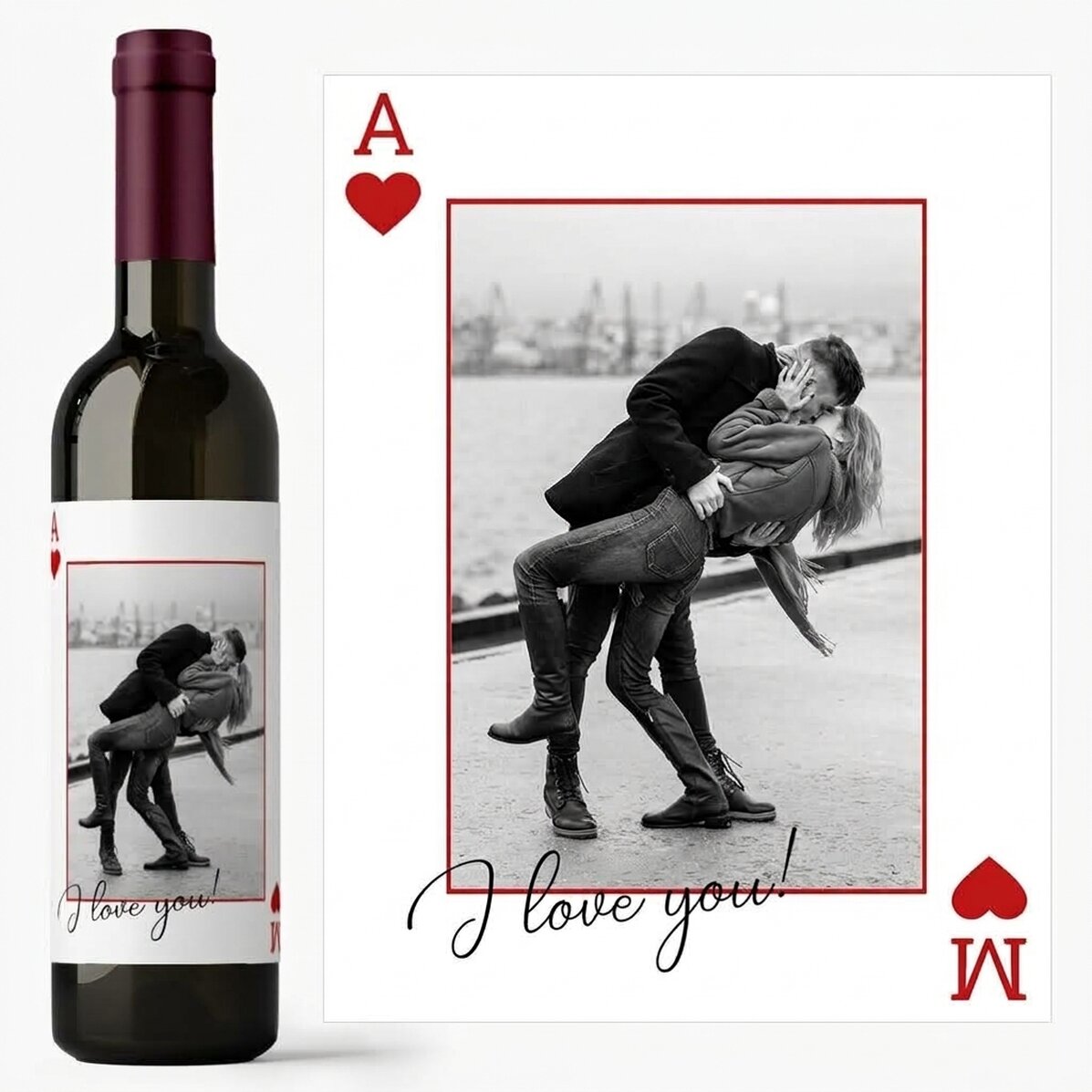 Vino personalizado con un texto y una foto: «¡Te quiero!»