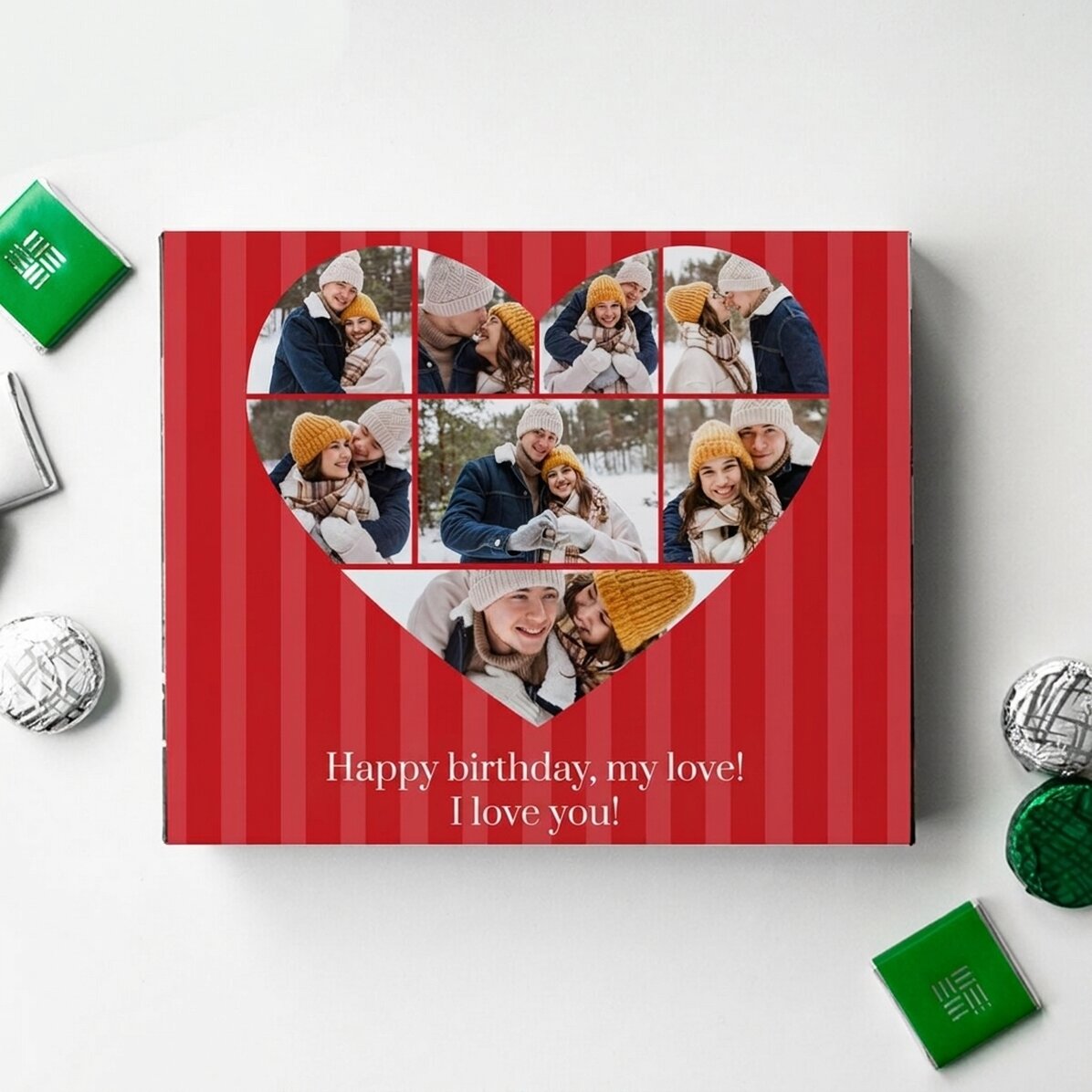 Caja de bombones personalizada con 8 fotos y un mensaje - Amor