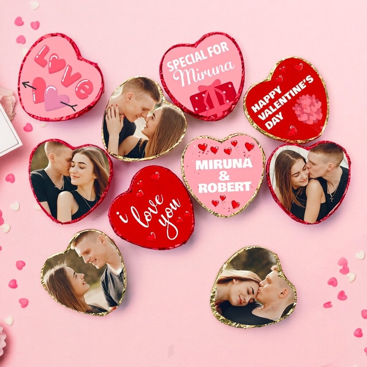 Lote de 10 mini bombones en forma de corazón personalizados con fotos y texto - Love
