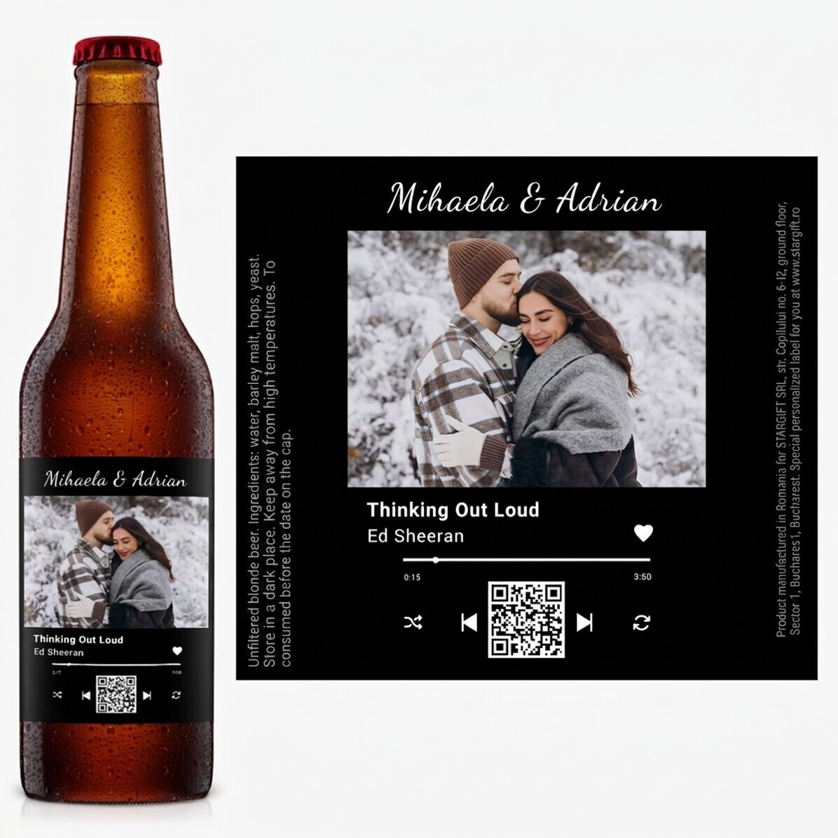 Cerveza personalizada con una foto, un texto y un código QR - Nuestra canción