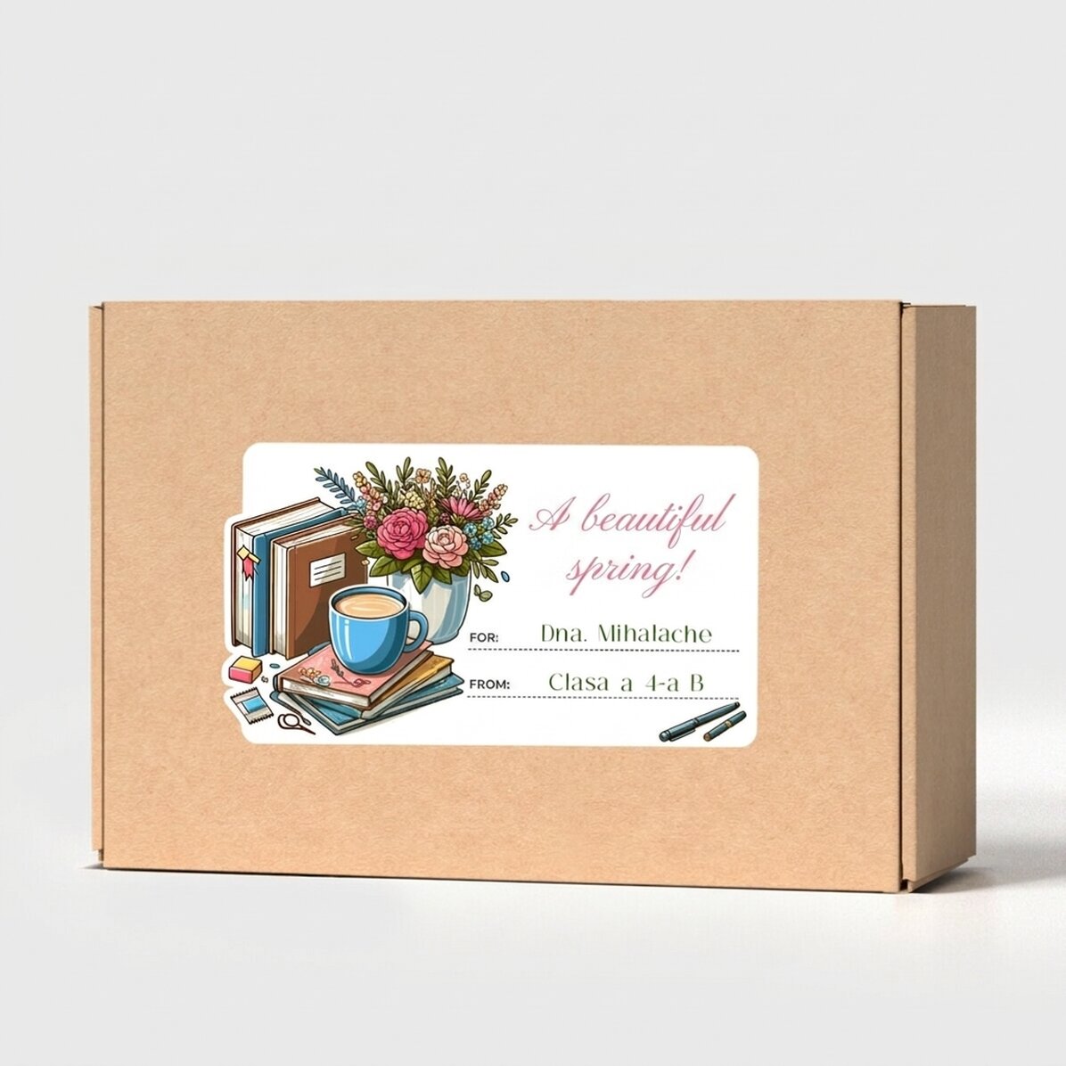 Caja de cartón artesanal personalizada con pegatina para la profesora