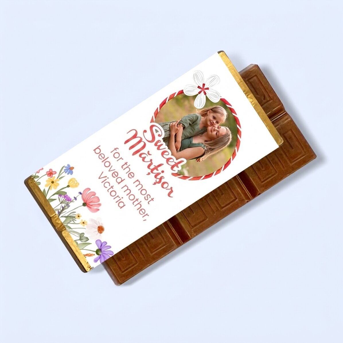 Mini tableta de chocolate personalizada con un mensaje y una foto muy tierna