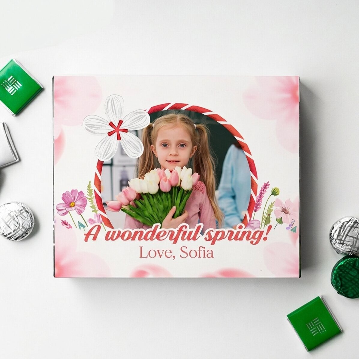 Caja de bombones personalizada con foto y un mensaje cariñoso