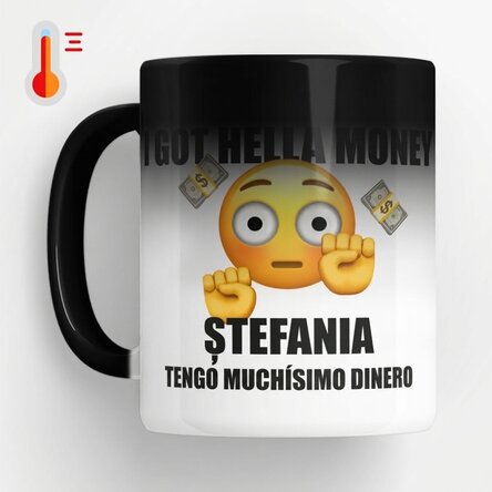 Taza termosensible personalizada con el texto «I got hella money»