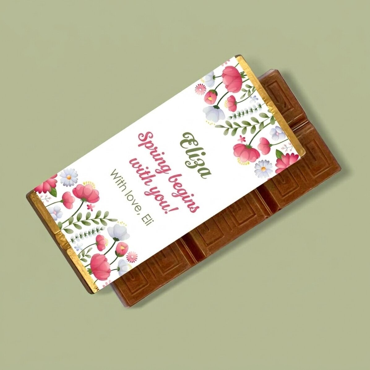 Mini tableta de chocolate personalizada con texto: «La primavera empieza contigo»