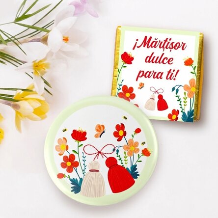 Set de regalo «martisor» con un mini bombón y una chapa