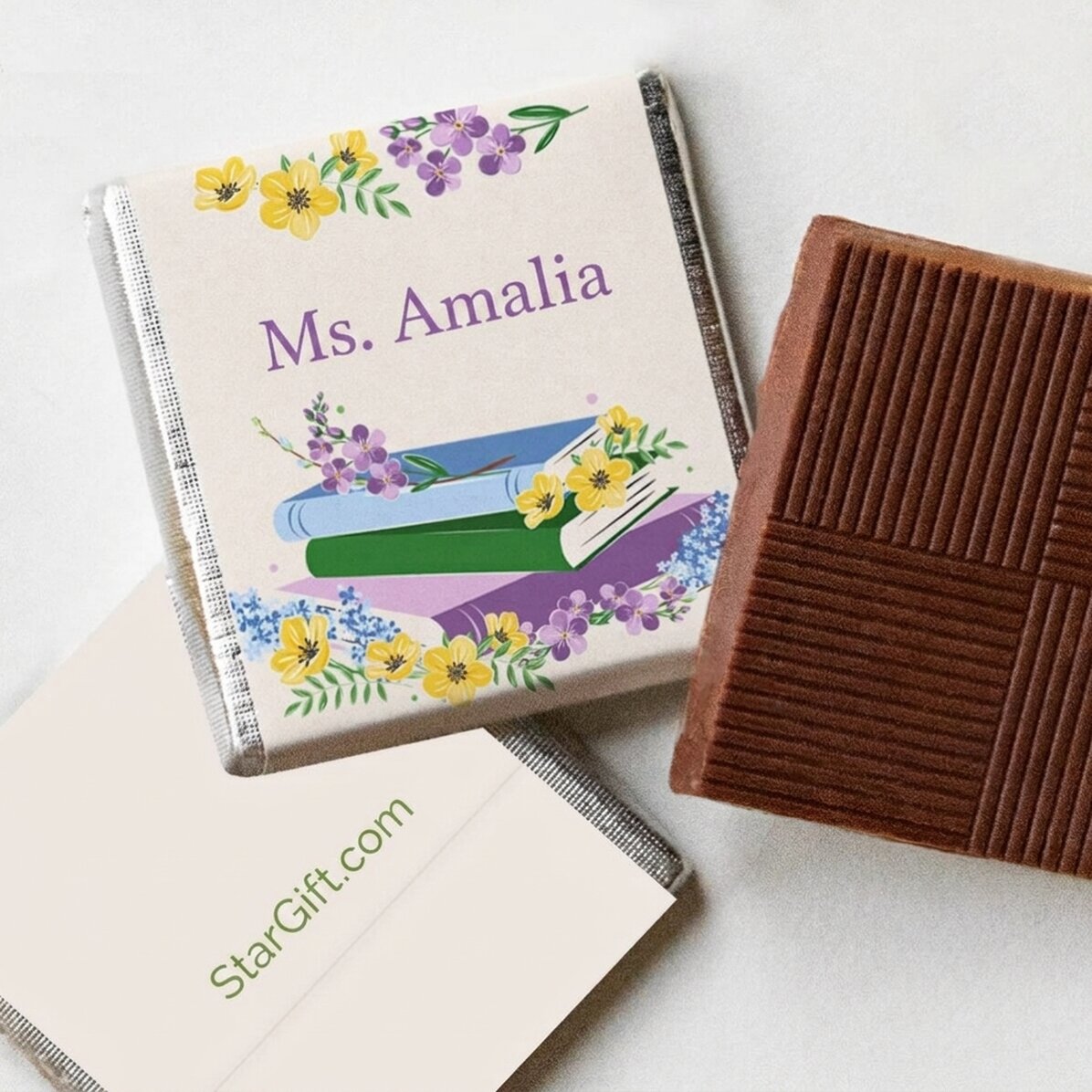Mini tableta de chocolate personalizada con mensaje - Libros y flores