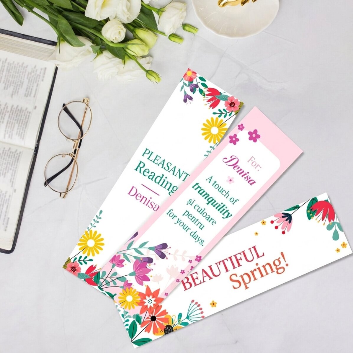 Lote de 3 marcapáginas personalizados con texto - Primavera