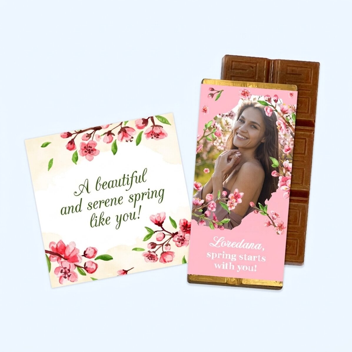 Set de regalo de primavera con imán y mini tableta de chocolate personalizada