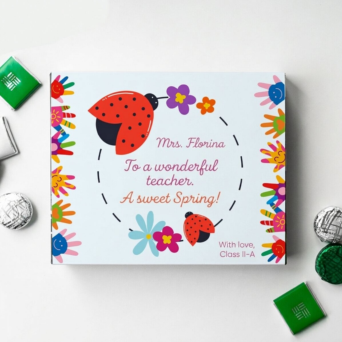 Caja de bombones personalizada con mensaje: «Profesores maravillosos»